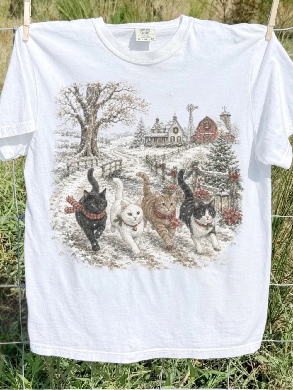 Christmas Cats Farm Winter Snow Tree Vintage White T-Shirt